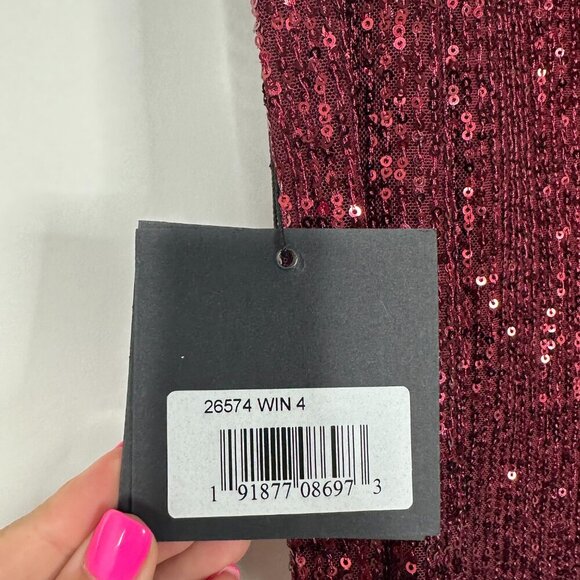 NWT Mac Duggal Sequined Faux Wrap Long Sleeve Column Gown Wine 4 - Picture 6 of 8